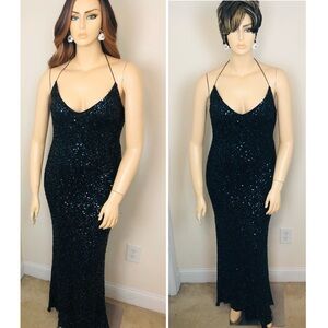 Vintage Solid Black Iridescent Sequin Open Back Halter Formal Evening Long Dress